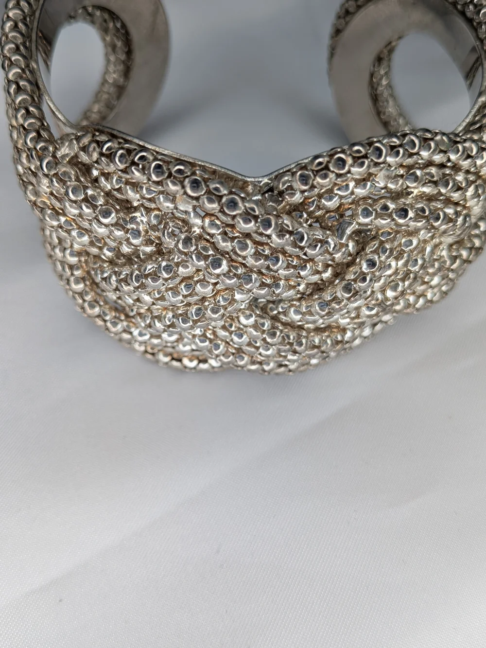 Silver Tone Woven Knot Flexible Cuff Bracelet Textured Caviar Bead Statement
